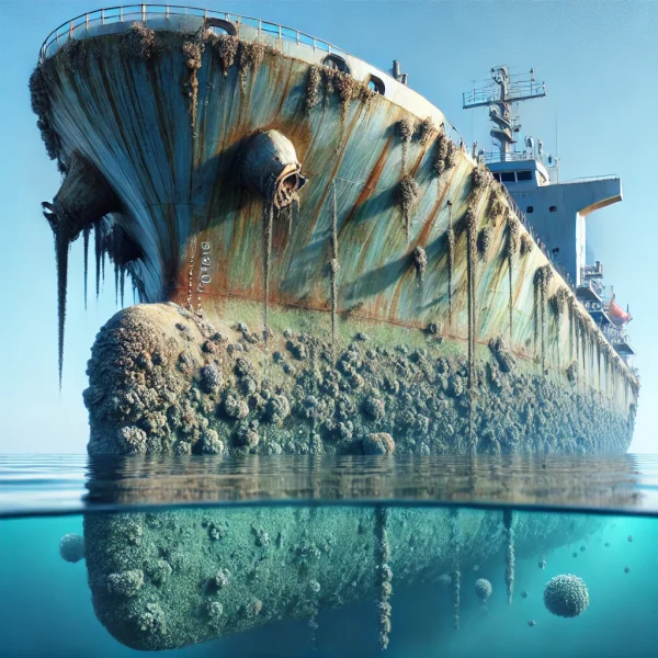 DALL·E 2025-01-18 12.53.25 – A large ship with a steel hull partially covered in algae, barnacles, and marine growth, floating in calm blue water. The ship’s condition clearly sho Ship hull cleaning